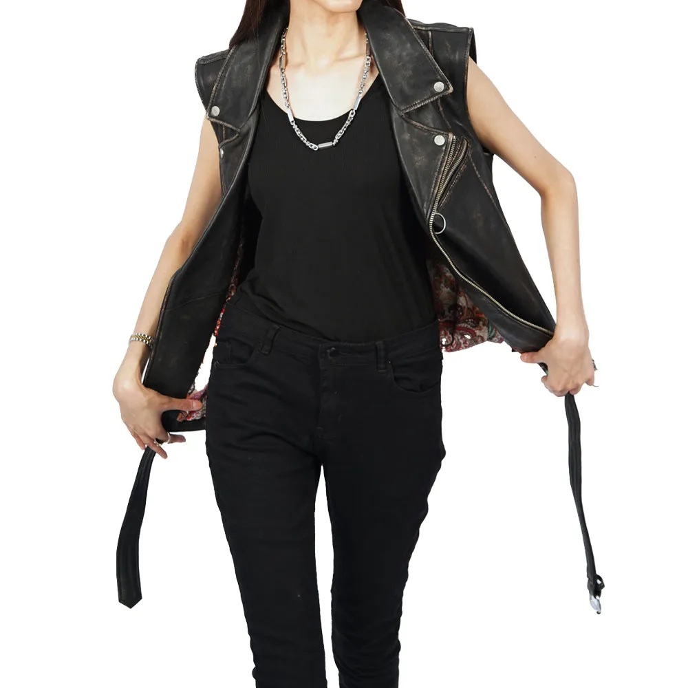 Vest Sleeveless Belted Ash Black Leather Jacket