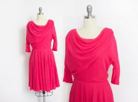 Vintage 1960s Dress MISS ELLIETTE Fuchsia Pink Chiffon Full Skirt Small S