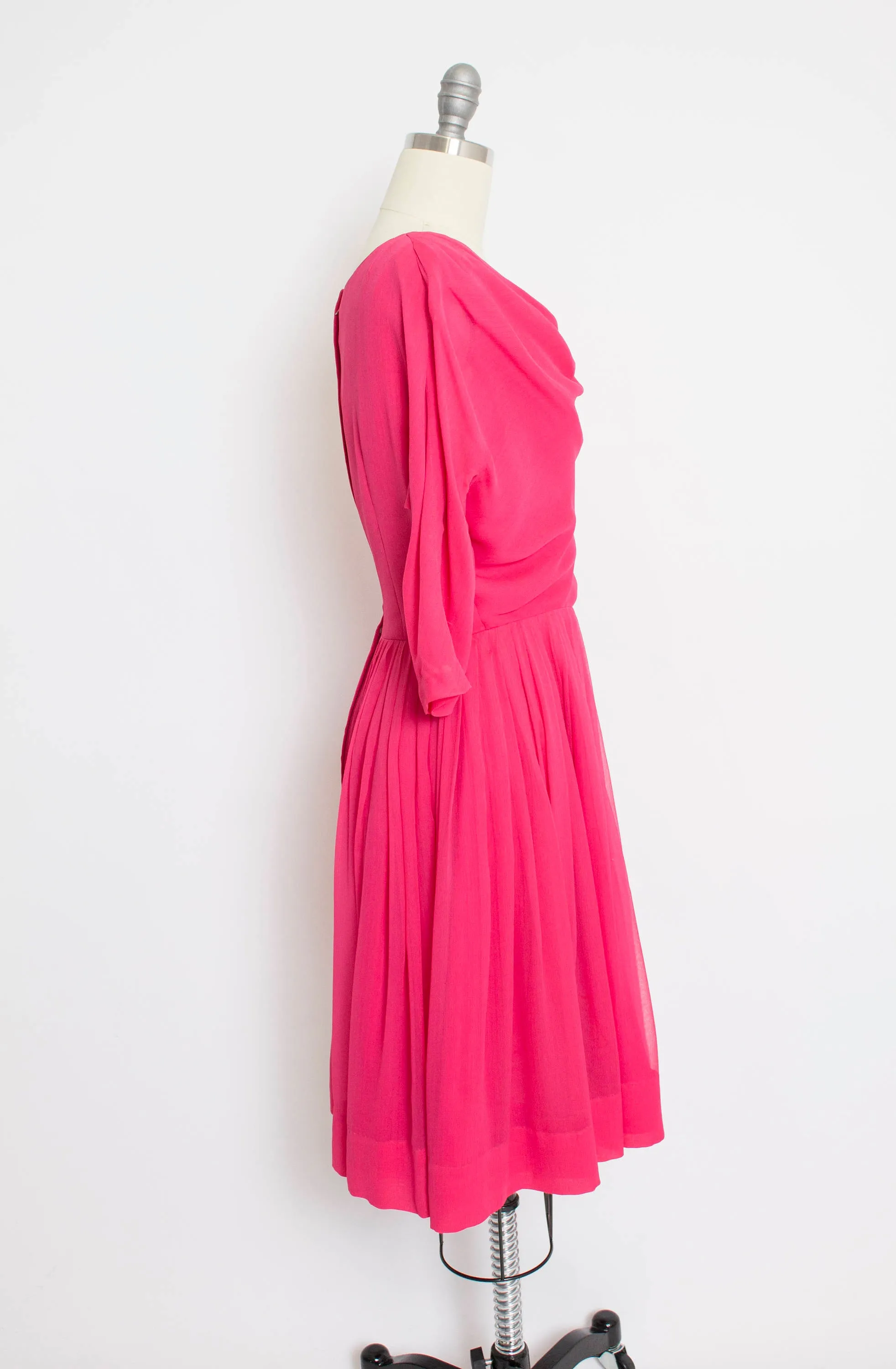 Vintage 1960s Dress MISS ELLIETTE Fuchsia Pink Chiffon Full Skirt Small S