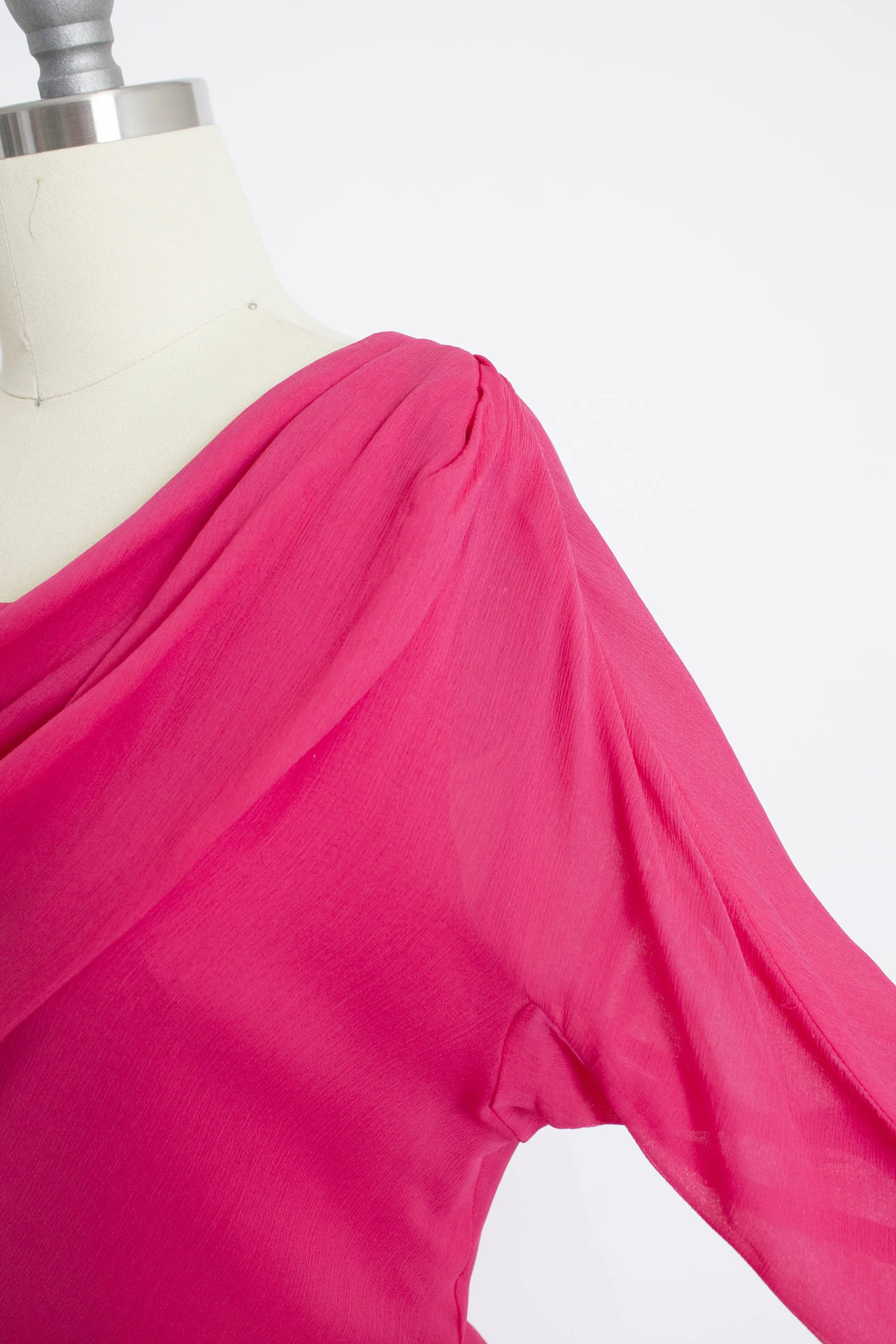 Vintage 1960s Dress MISS ELLIETTE Fuchsia Pink Chiffon Full Skirt Small S