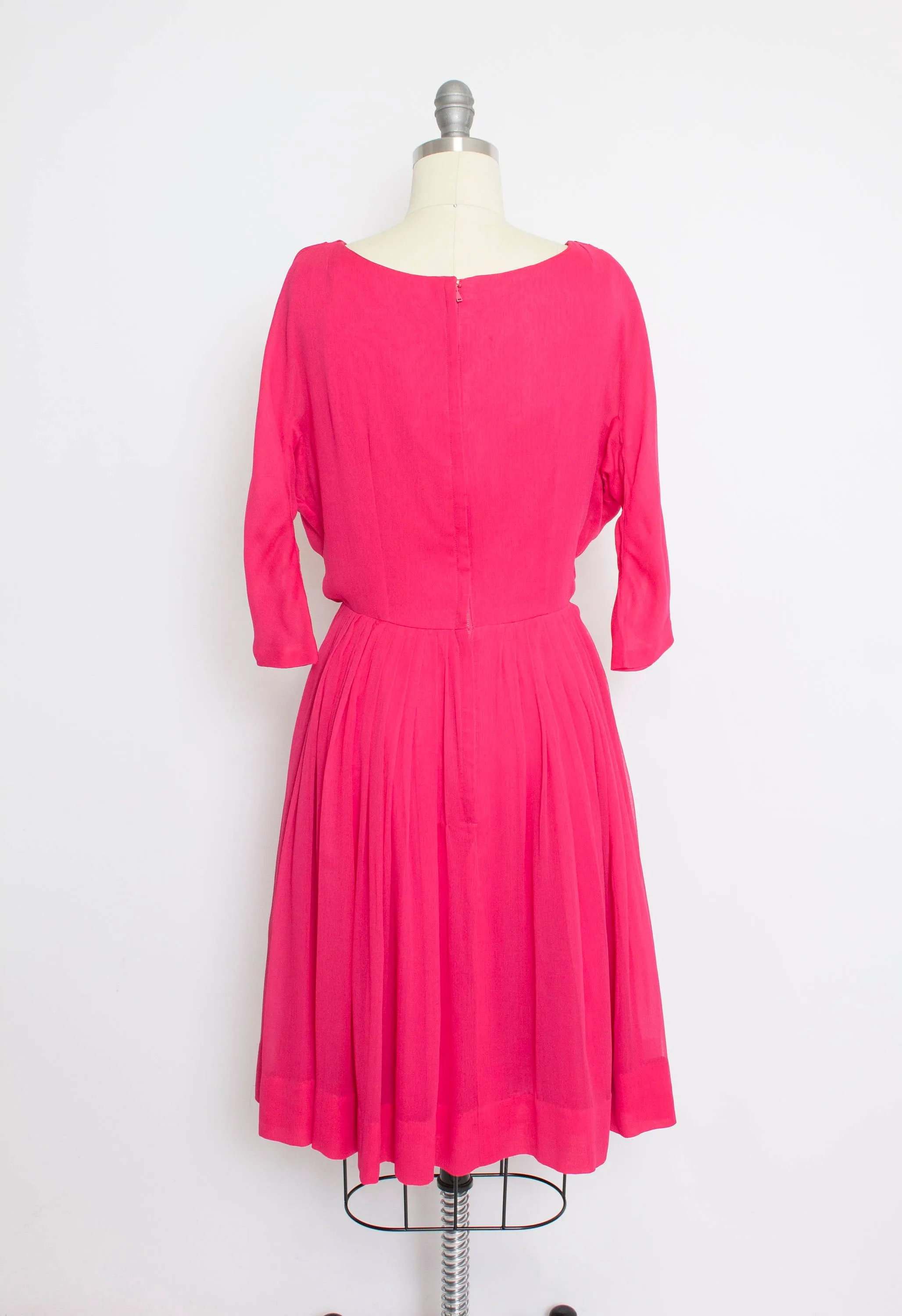 Vintage 1960s Dress MISS ELLIETTE Fuchsia Pink Chiffon Full Skirt Small S