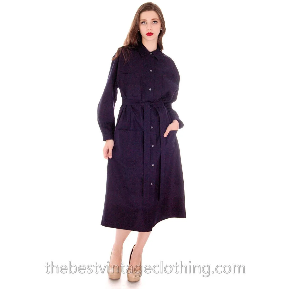 Vintage 1970s Vuokko Coat Dress Navy Fine Wool Mod Style 4 Pocket Womens Cool  Pattern L