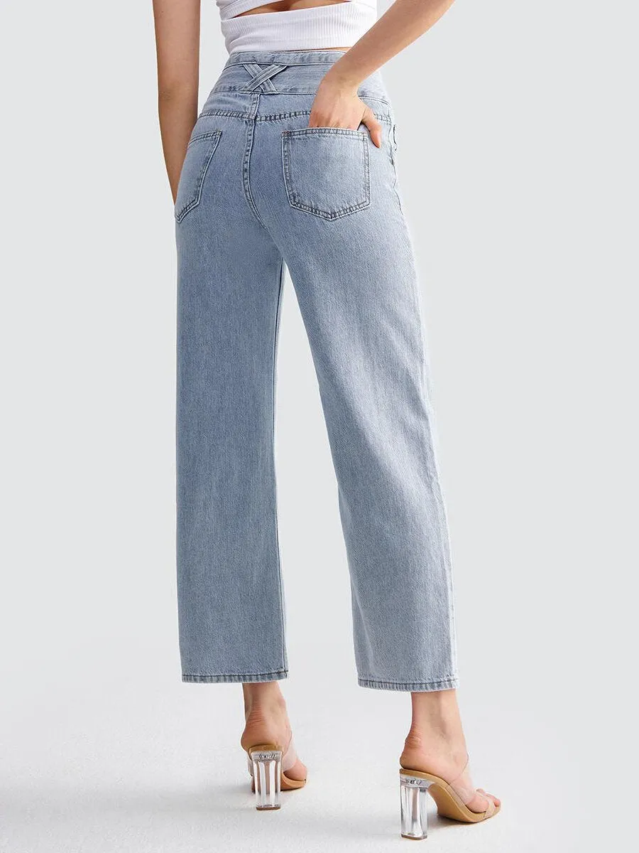 Washed Button Pocket Straight Leg Jeans