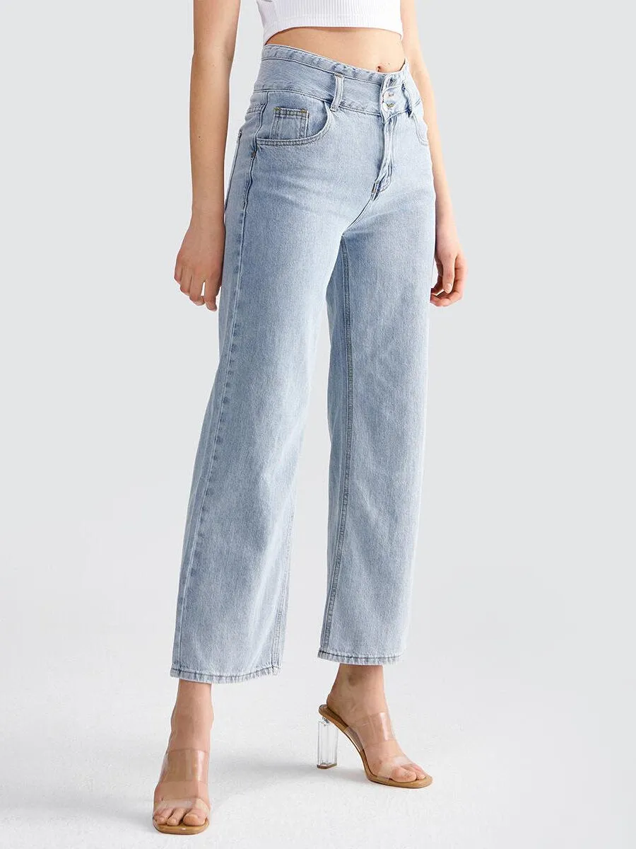 Washed Button Pocket Straight Leg Jeans