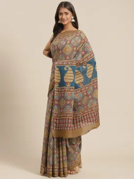 Women Maroon And Olive Ajarkh Print Cotton Saree With Blouse