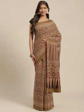 Women Maroon And Olive Green Ajrak Print Cotton Saree With Blouse