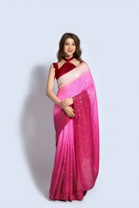 Women Party Wear Designer Maroon & Pink Colour Vichitra Silk Fabric Sequence Embroidery Worked Saree Collection