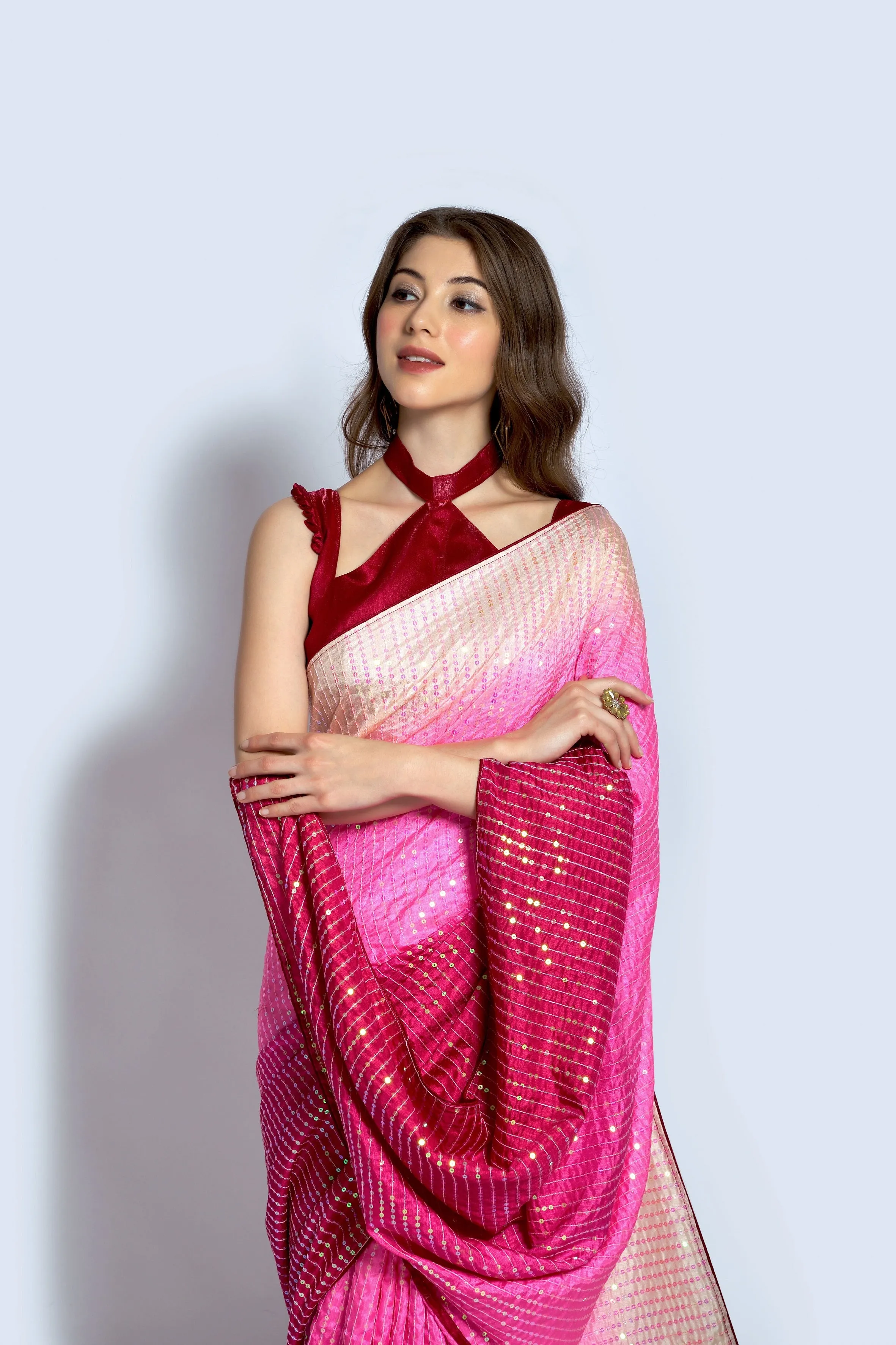 Women Party Wear Designer Maroon & Pink Colour Vichitra Silk Fabric Sequence Embroidery Worked Saree Collection