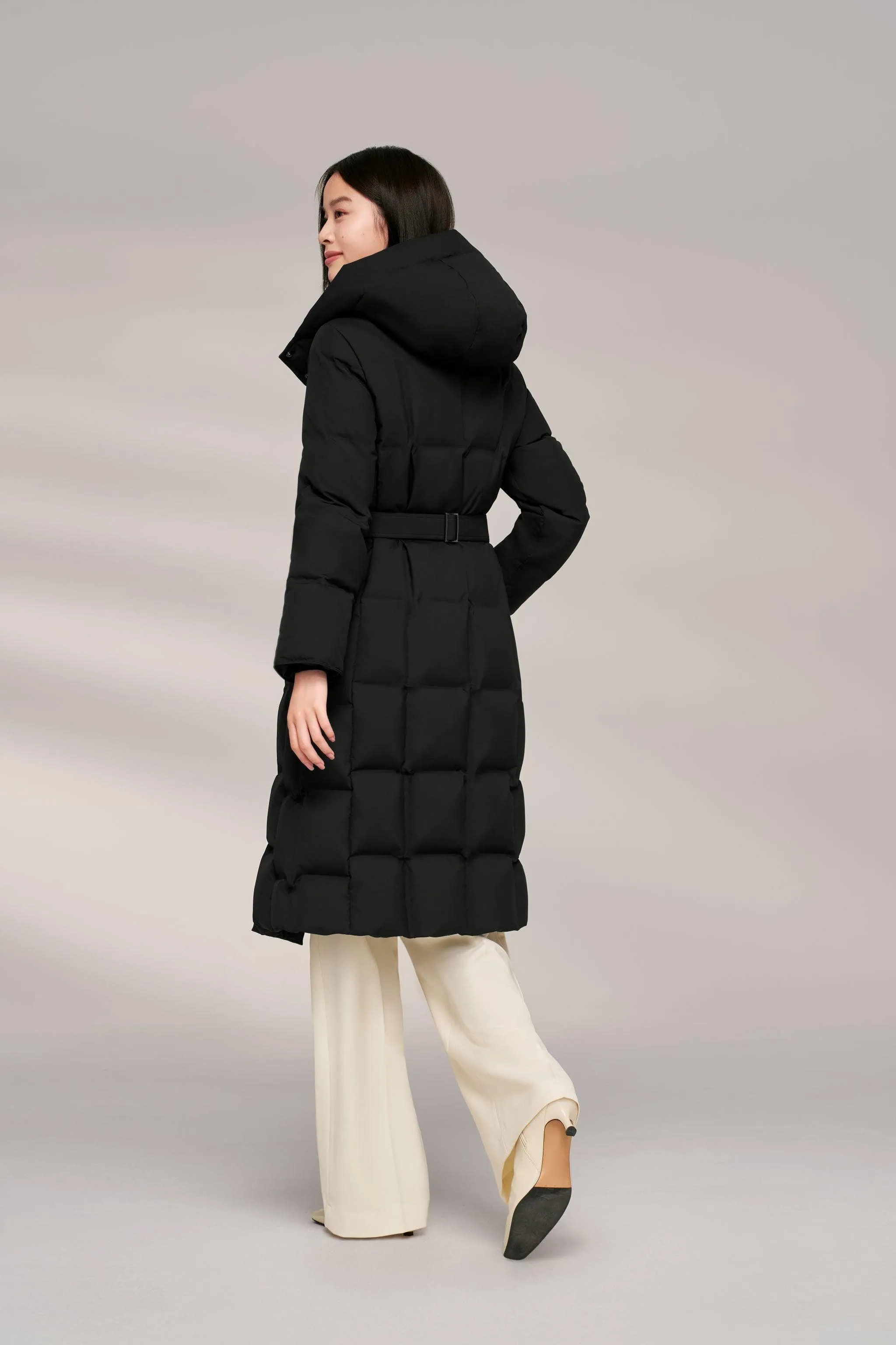 Women’s Patterned Long Goose Down Coat With Belt