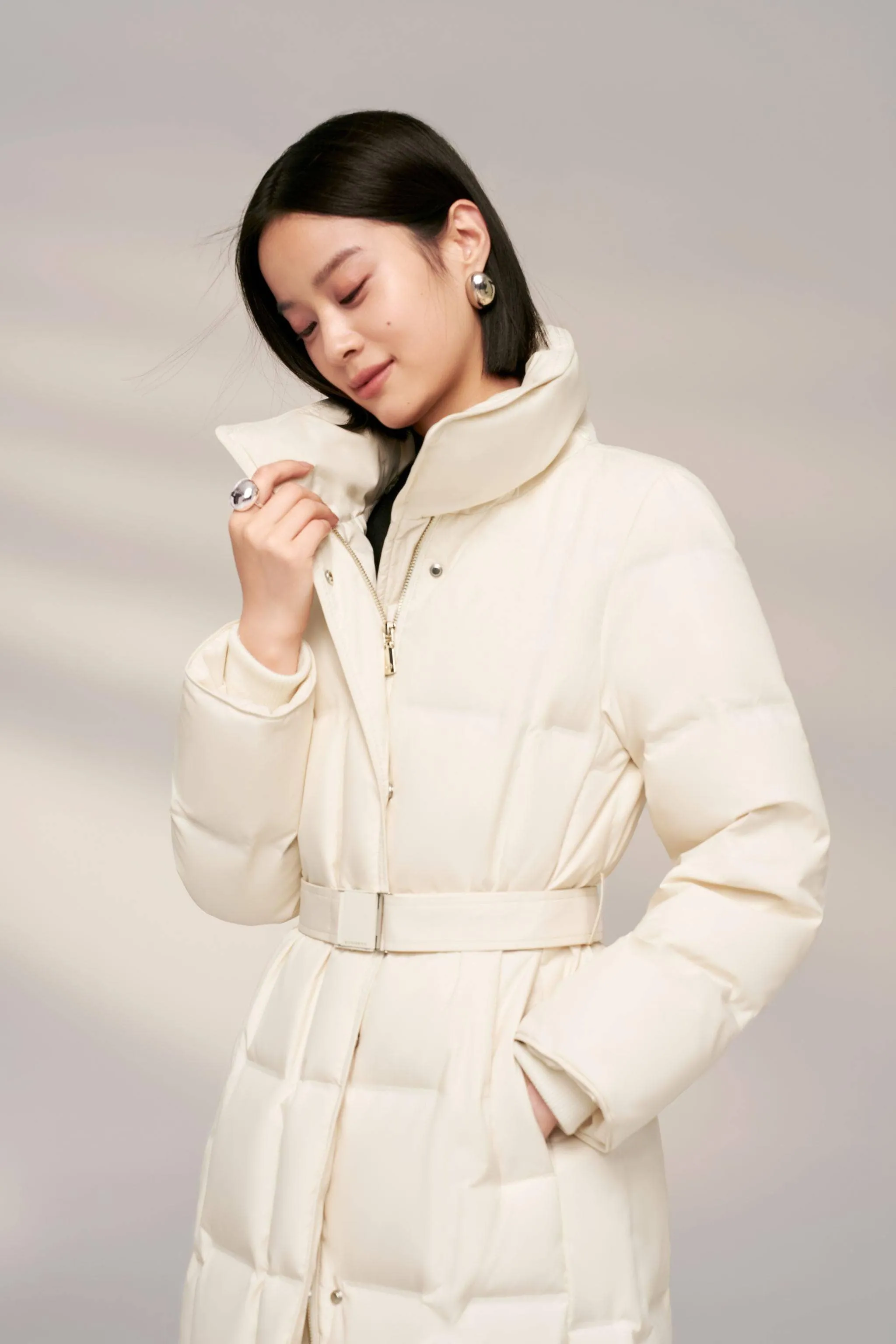 Women’s Patterned Long Goose Down Coat With Belt